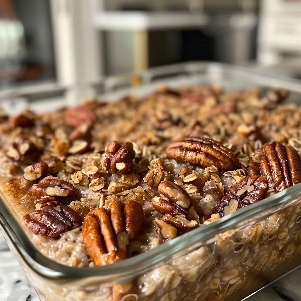 ['Close-up of baked oatmeal topped with pecan streusel, showcasing its texture and ingredients.', 'Side view of a portion of baked oatmeal with a crunchy pecan topping, presented in a bowl.', 'Delicious baked oatmeal with a golden pecan streusel crust, highlighting the oats and nuts.', 'Richly textured baked oatmeal, featuring a pecan streusel topping and served in a rustic dish.']