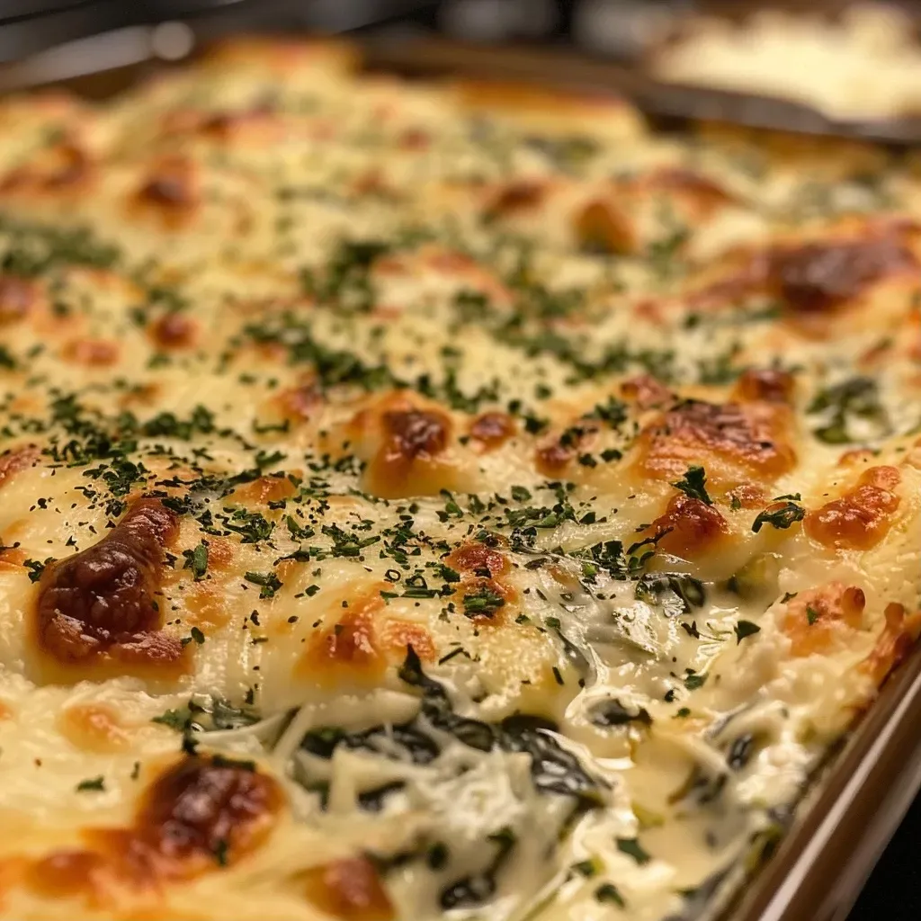 ['Close-up view of a creamy baked spinach dip served in a dish.', 'Side angle of baked spinach dip, showcasing its cheesy texture and green spinach.', 'Dish of golden-brown baked spinach dip with melted cheese on top.', 'A tempting baked spinach dip with a smooth surface and visible cheese layers.']