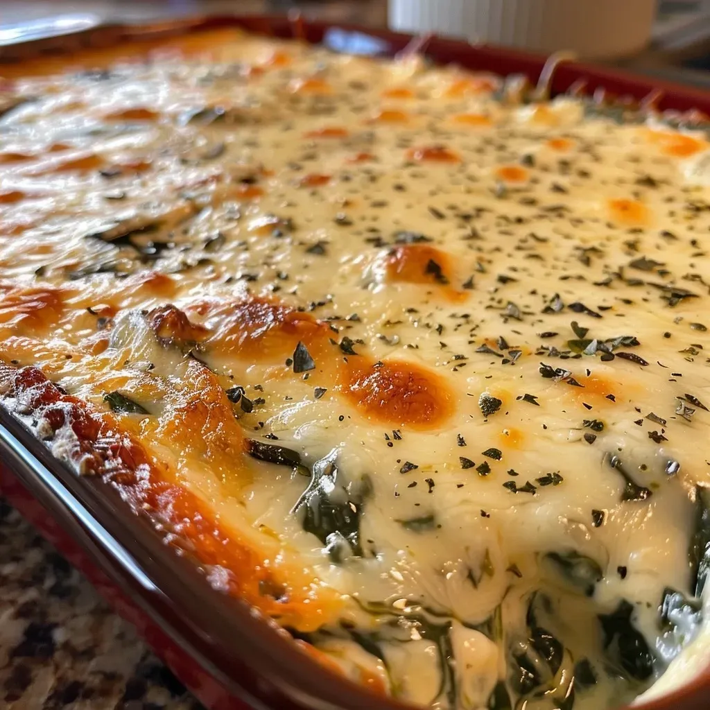 ['Close-up view of a creamy baked spinach dip served in a dish.', 'Side angle of baked spinach dip, showcasing its cheesy texture and green spinach.', 'Dish of golden-brown baked spinach dip with melted cheese on top.', 'A tempting baked spinach dip with a smooth surface and visible cheese layers.']
