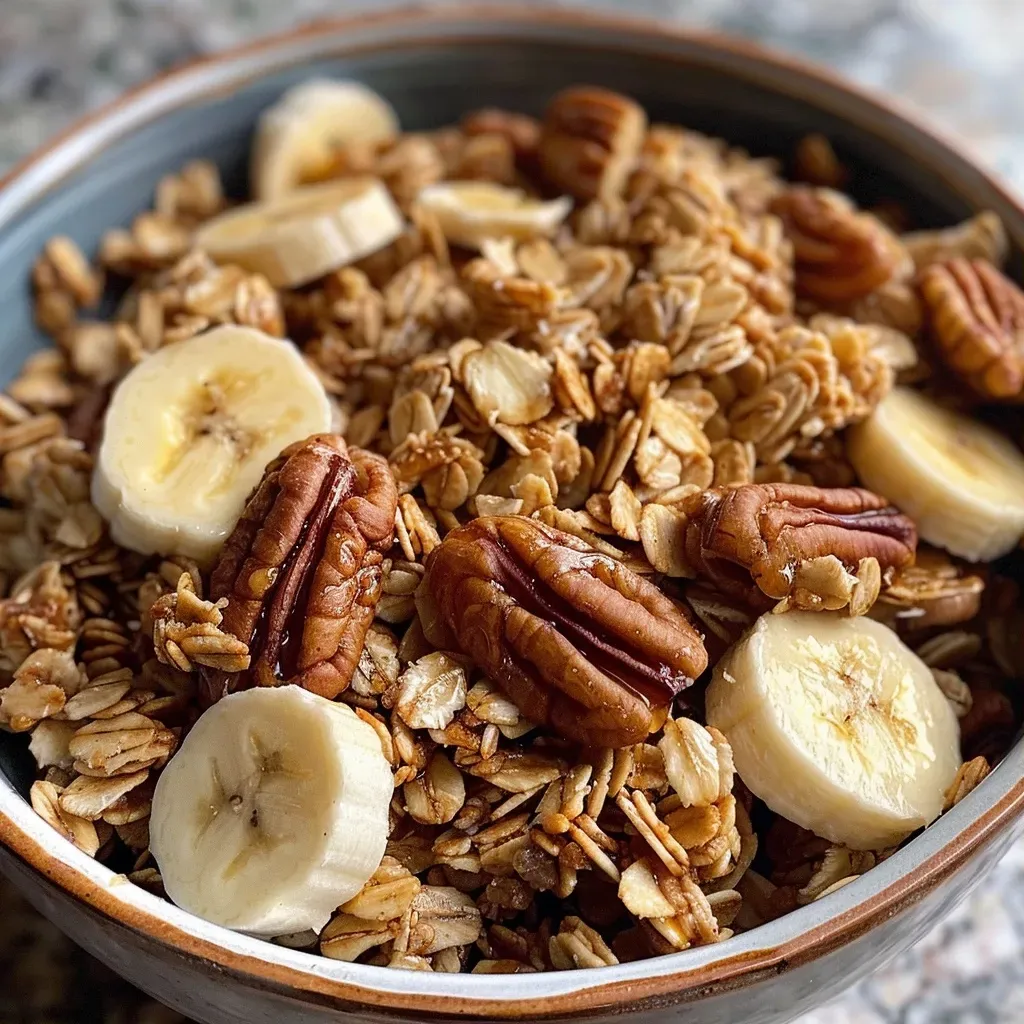 ['Close-up view of a bowl filled with banana bread granola, showcasing oats, nuts, and a golden hue.', 'Side view of banana bread granola with visible chunks of walnuts and pecans, set against a neutral background.', 'A detailed close-up of banana bread granola highlighting its texture, color, and ingredients like bananas and oats.', 'Richly textured banana bread granola displayed in a bowl, emphasizing the mix of nuts and oats.']