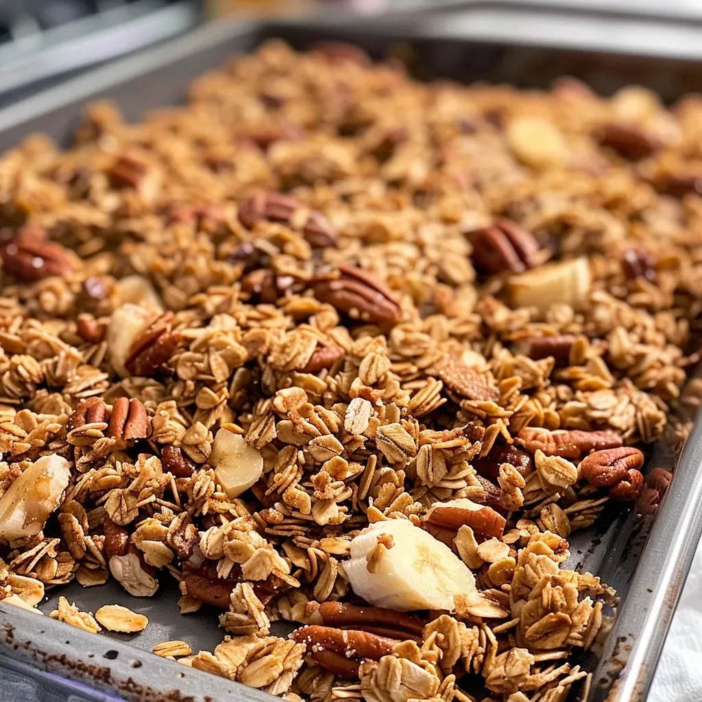 ['Close-up view of a bowl filled with banana bread granola, showcasing oats, nuts, and a golden hue.', 'Side view of banana bread granola with visible chunks of walnuts and pecans, set against a neutral background.', 'A detailed close-up of banana bread granola highlighting its texture, color, and ingredients like bananas and oats.', 'Richly textured banana bread granola displayed in a bowl, emphasizing the mix of nuts and oats.']