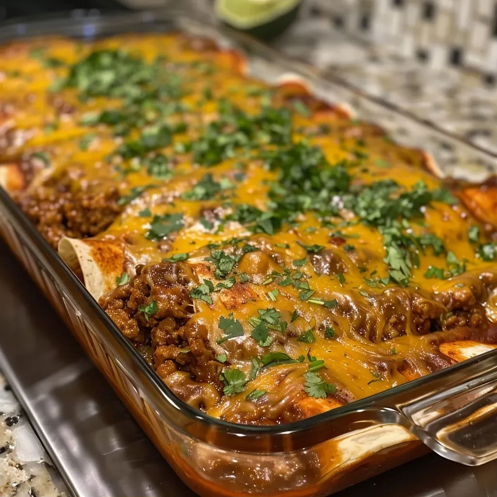 ['Close-up view of juicy beef enchiladas topped with melted cheese and garnished with fresh cilantro.', 'Side profile of delicious beef enchiladas in a vibrant red sauce, sprinkled with diced onions.', 'Appetizing beef enchiladas served on a plate, showcasing layers of cheese and chili sauce.', 'Mouthwatering beef enchiladas with a glossy red enchilada sauce, accented by avocado slices and lime.']