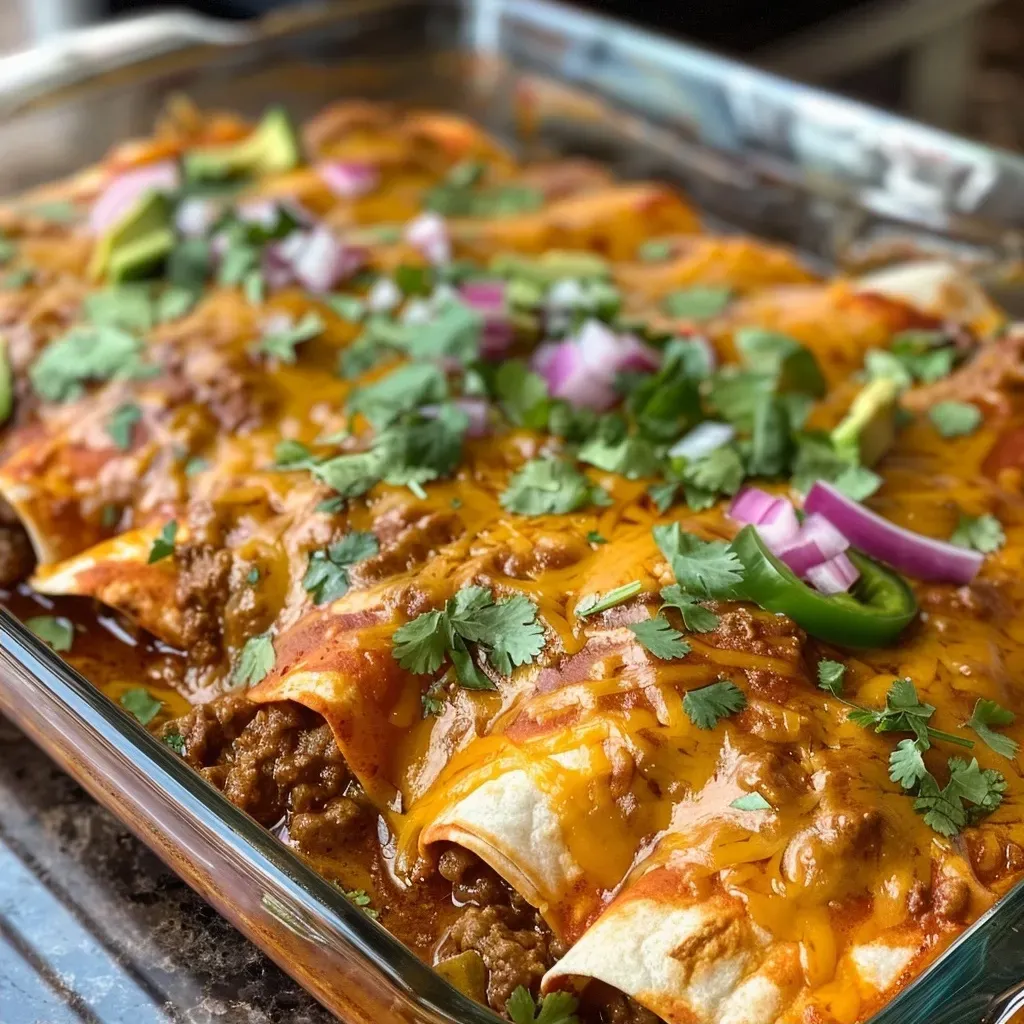 ['Close-up view of juicy beef enchiladas topped with melted cheese and garnished with fresh cilantro.', 'Side profile of delicious beef enchiladas in a vibrant red sauce, sprinkled with diced onions.', 'Appetizing beef enchiladas served on a plate, showcasing layers of cheese and chili sauce.', 'Mouthwatering beef enchiladas with a glossy red enchilada sauce, accented by avocado slices and lime.']