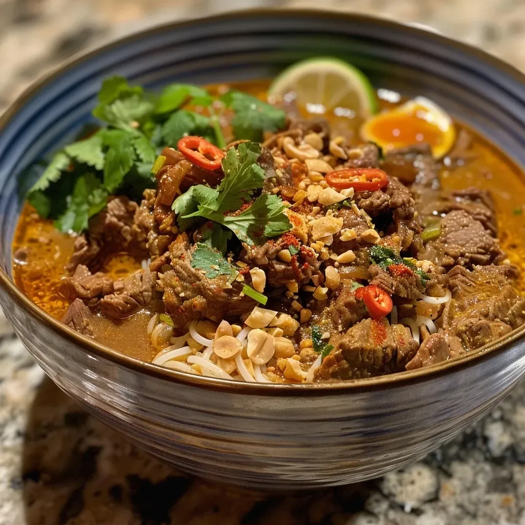 ['A close-up view of Beef Khao Suey in a bowl, showcasing tender beef pieces and garnishes.', 'Side view of a steaming bowl of Beef Khao Suey filled with curry and vibrant toppings.', 'Juicy Beef Khao Suey featuring a rich coconut base and colorful garnishes like cilantro and fried onions.', 'A detailed look at Beef Khao Suey, highlighting the stew beef, curry sauce, and fresh ingredients.']