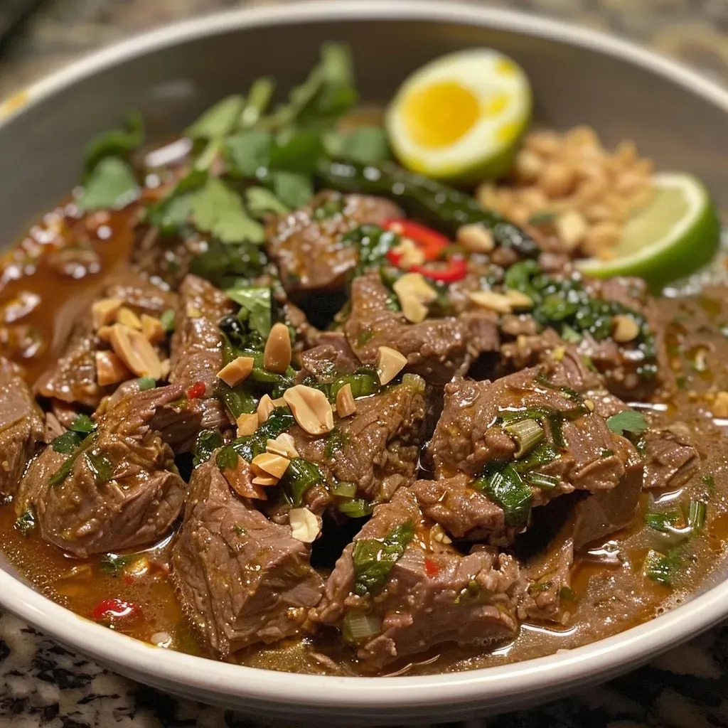 ['A close-up view of Beef Khao Suey in a bowl, showcasing tender beef pieces and garnishes.', 'Side view of a steaming bowl of Beef Khao Suey filled with curry and vibrant toppings.', 'Juicy Beef Khao Suey featuring a rich coconut base and colorful garnishes like cilantro and fried onions.', 'A detailed look at Beef Khao Suey, highlighting the stew beef, curry sauce, and fresh ingredients.']