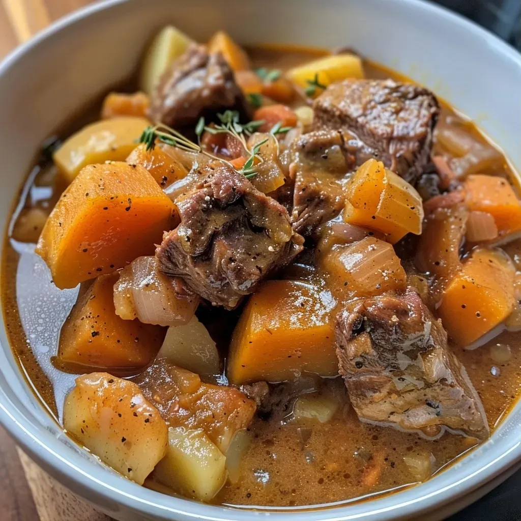 ['Close-up view of a hearty beef pumpkin stew in a bowl, showcasing chunks of beef, potatoes, and pumpkin.', 'Side view of a steaming bowl of beef pumpkin stew filled with vegetables and tender meat.', 'A delicious beef pumpkin stew featuring rich colors and textures, served in a rustic dish.', 'Appetizing close-up of beef pumpkin stew with visible beef chunks, orange pumpkin puree, and carrots.']