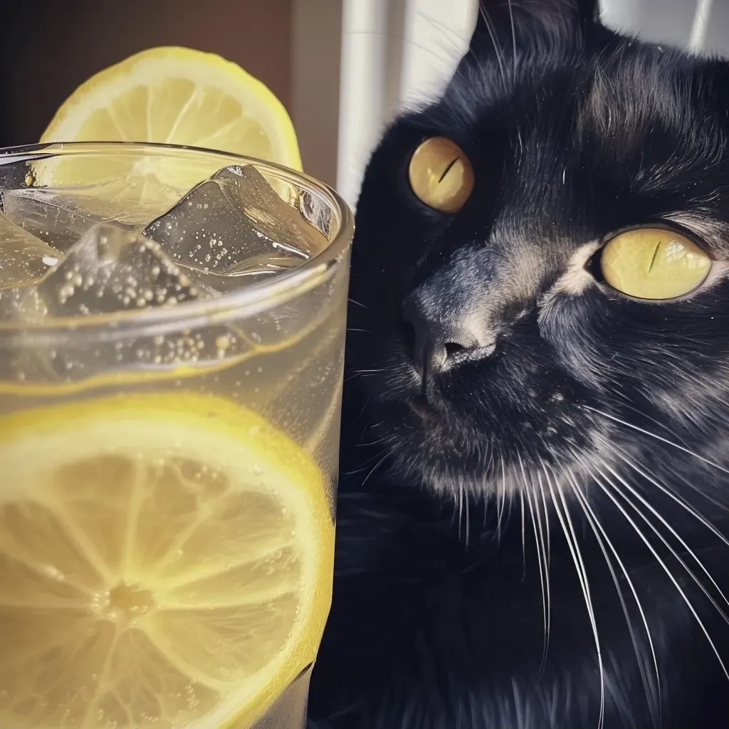 ['Close-up of a glass filled with Black Cat Lemonade, showcasing its vibrant yellow color and condensation on the surface.', "Side view of a refreshing Black Cat Lemonade in a clear glass, highlighting the liquid's zesty lemon hue.", 'Juicy Black Cat Lemonade in a glass, with droplets of water on the exterior, reflecting natural light.', 'A detailed side view of Black Cat Lemonade, emphasizing the bright color and texture in a chilled glass.']