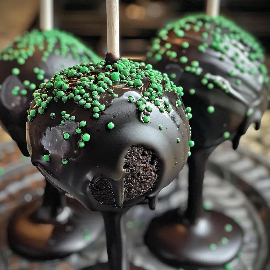 ['Close-up side view of Black Chocolate Cauldron Cake Pops with green candy melts.', 'Juicy Black Chocolate Cauldron Cake Pops decorated with light green sugar pearls.', 'Side view of cake pops resembling cauldrons, showcased with black candy melts.', 'Delicious Black Chocolate Cauldron Cake Pops highlighted against a neutral background.']