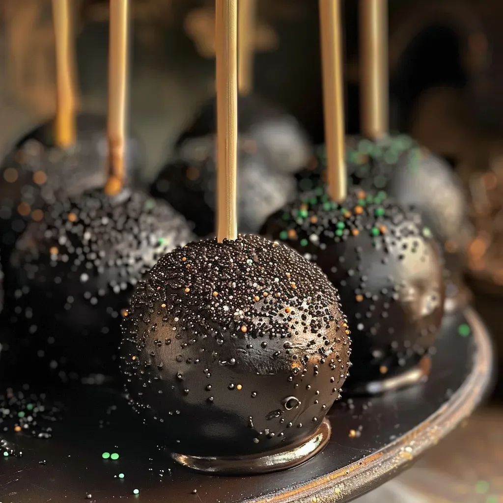 ['Close-up side view of Black Chocolate Cauldron Cake Pops with green candy melts.', 'Juicy Black Chocolate Cauldron Cake Pops decorated with light green sugar pearls.', 'Side view of cake pops resembling cauldrons, showcased with black candy melts.', 'Delicious Black Chocolate Cauldron Cake Pops highlighted against a neutral background.']