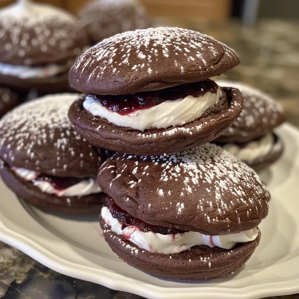 ['Close-up view of a Black Forest Whoopie Pie with chocolate cookies and cherry filling.', 'Side profile of a delicious Black Forest Whoopie Pie showcasing its creamy filling and rich texture.', 'Juicy Black Forest Whoopie Pie featuring dark chocolate and cherry jam filling.', 'Black Forest Whoopie Pie with a glossy chocolate exterior and a dollop of cherry cream.']
