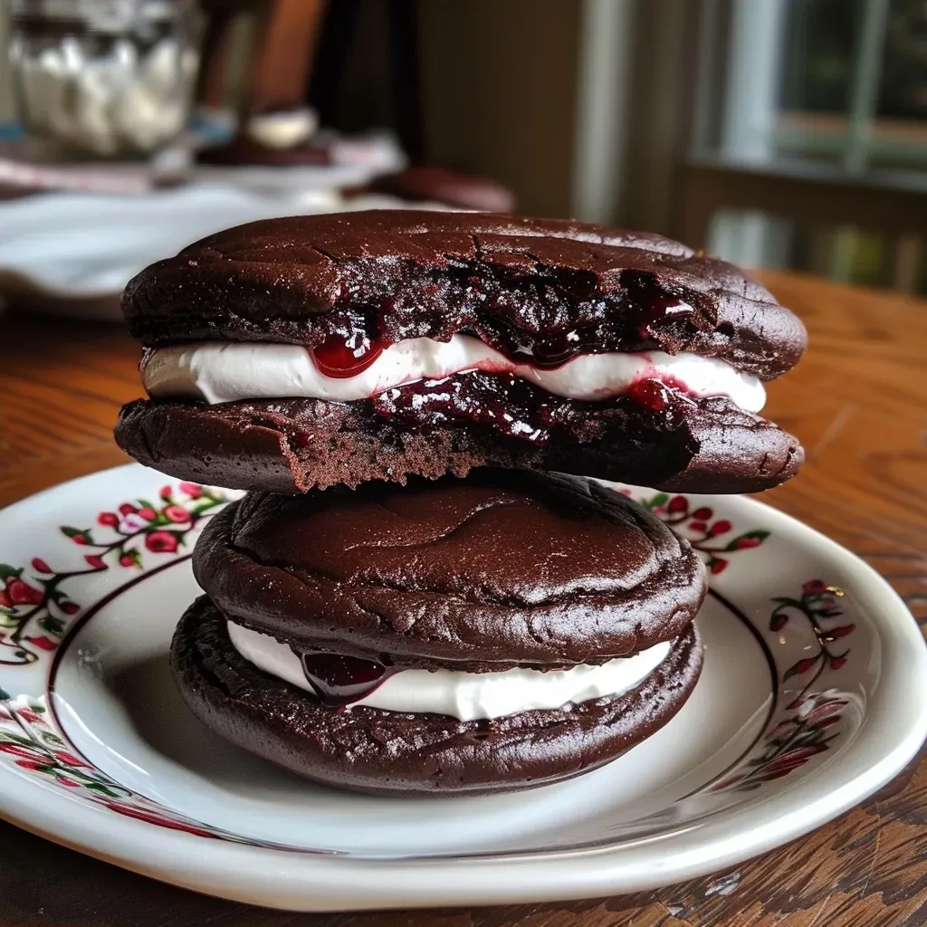 ['Close-up view of a Black Forest Whoopie Pie with chocolate cookies and cherry filling.', 'Side profile of a delicious Black Forest Whoopie Pie showcasing its creamy filling and rich texture.', 'Juicy Black Forest Whoopie Pie featuring dark chocolate and cherry jam filling.', 'Black Forest Whoopie Pie with a glossy chocolate exterior and a dollop of cherry cream.']