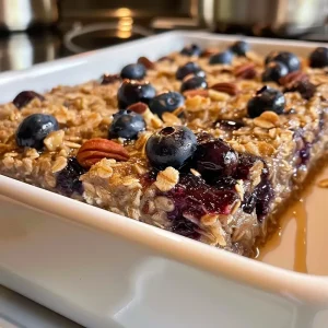 ['Close-up of a bowl of Blueberry Maple Baked Oatmeal with blueberries and pecans.', 'Side view of Blueberry Maple Baked Oatmeal topped with fresh blueberries and a drizzle of maple syrup.', 'A delicious serving of Blueberry Maple Baked Oatmeal in a rustic bowl with glimpses of ingredients.', 'Warm Blueberry Maple Baked Oatmeal with a golden-brown surface and scattered pecans.']
