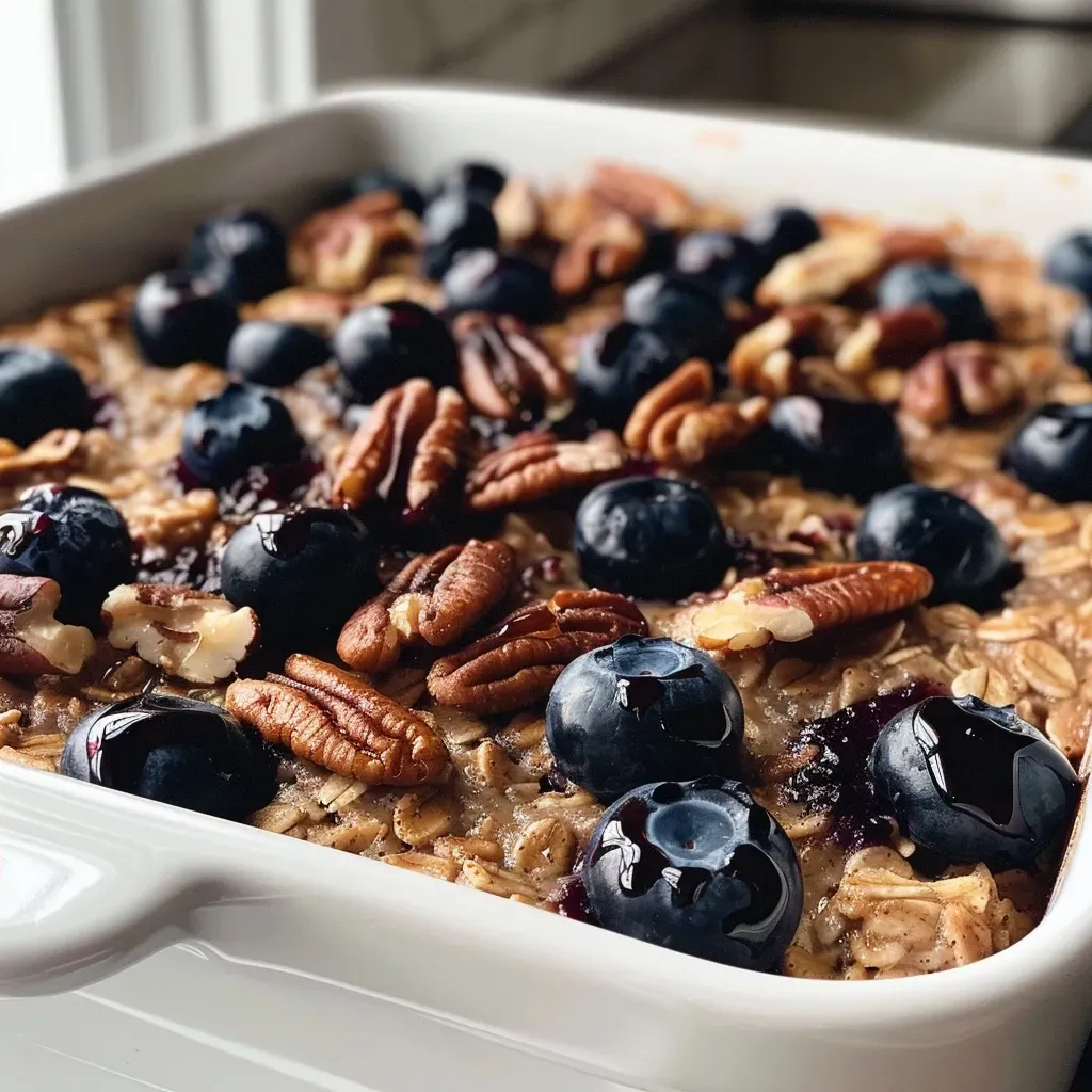 ['Close-up of a bowl of Blueberry Maple Baked Oatmeal with blueberries and pecans.', 'Side view of Blueberry Maple Baked Oatmeal topped with fresh blueberries and a drizzle of maple syrup.', 'A delicious serving of Blueberry Maple Baked Oatmeal in a rustic bowl with glimpses of ingredients.', 'Warm Blueberry Maple Baked Oatmeal with a golden-brown surface and scattered pecans.']