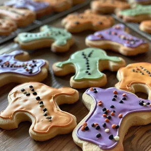 ['Close-up of decorated bone-shaped sugar cookies in various spooky icing designs.', 'Side view of bone-shaped sugar cookies with colorful icing, displayed on a rustic background.', 'A detailed photo of sugar cookies shaped like bones, showcasing intricate icing patterns.', 'Delicious bone-shaped sugar cookies with festive icing, arranged on a plate.']