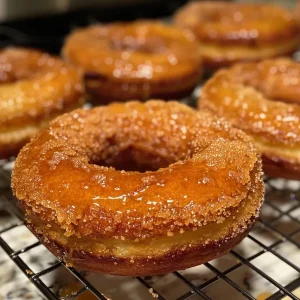 ['A close-up view of brown butter churro donuts dusted with cinnamon sugar.', 'Side view of a stack of brown butter churro donuts on a plate.', 'Delicious brown butter churro donuts with a rich glaze, ready to eat.', 'Golden-brown churro donuts coated in cinnamon sugar, showcasing their texture.']