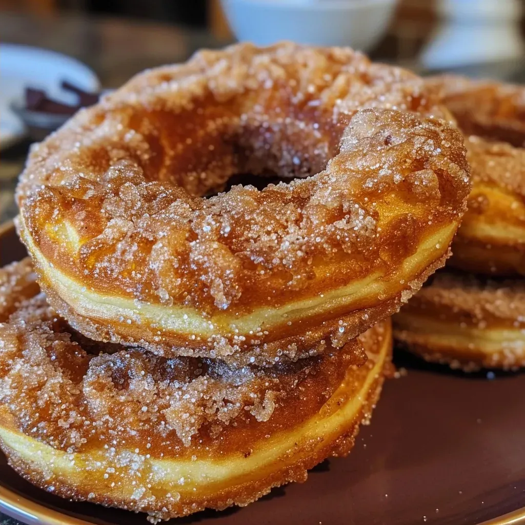 ['A close-up view of brown butter churro donuts dusted with cinnamon sugar.', 'Side view of a stack of brown butter churro donuts on a plate.', 'Delicious brown butter churro donuts with a rich glaze, ready to eat.', 'Golden-brown churro donuts coated in cinnamon sugar, showcasing their texture.']