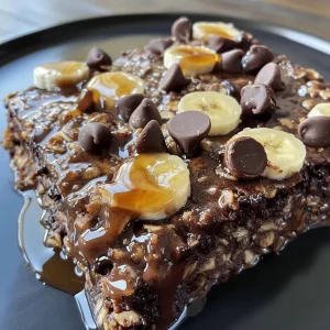 ['Close-up side view of a serving of Brownie Baked Oatmeal topped with chocolate chips.', 'Delicious Brownie Baked Oatmeal in a bowl, showcasing its rich chocolate texture.', 'Side view of Brownie Baked Oatmeal, highlighting its creamy consistency and chocolate chips.', 'A portion of Brownie Baked Oatmeal displayed in a dish, emphasizing its moist and decadent appearance.']