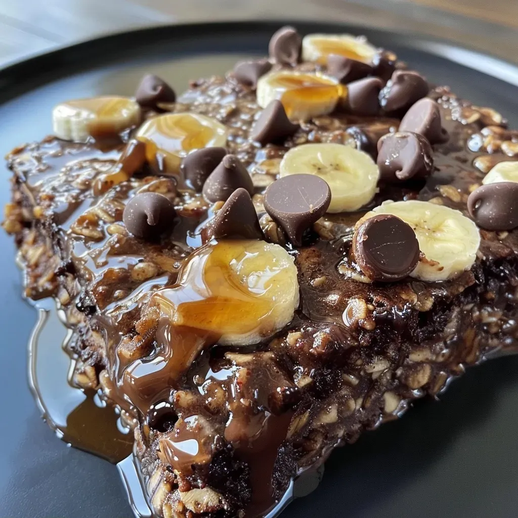 ['Close-up side view of a serving of Brownie Baked Oatmeal topped with chocolate chips.', 'Delicious Brownie Baked Oatmeal in a bowl, showcasing its rich chocolate texture.', 'Side view of Brownie Baked Oatmeal, highlighting its creamy consistency and chocolate chips.', 'A portion of Brownie Baked Oatmeal displayed in a dish, emphasizing its moist and decadent appearance.']