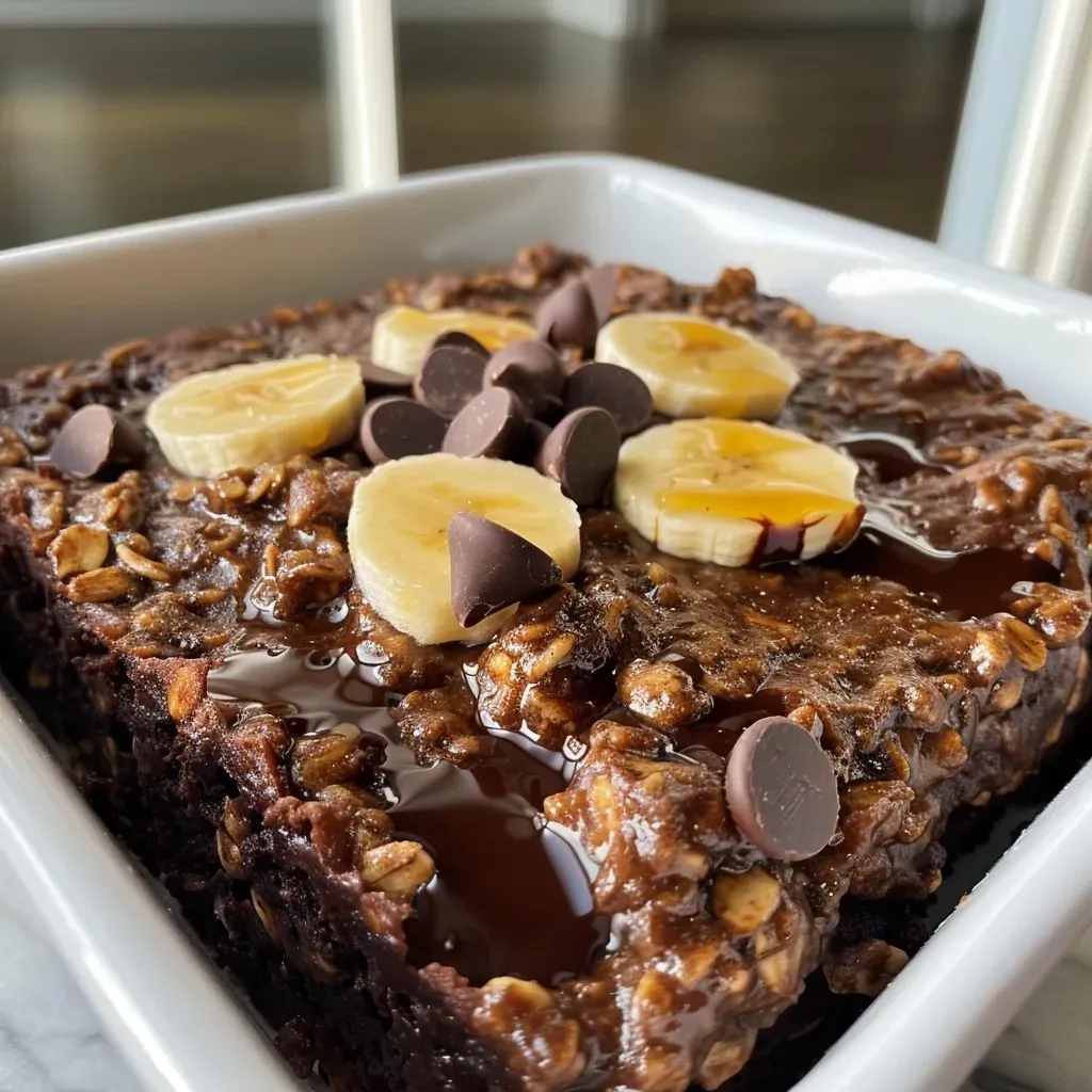 ['Close-up side view of a serving of Brownie Baked Oatmeal topped with chocolate chips.', 'Delicious Brownie Baked Oatmeal in a bowl, showcasing its rich chocolate texture.', 'Side view of Brownie Baked Oatmeal, highlighting its creamy consistency and chocolate chips.', 'A portion of Brownie Baked Oatmeal displayed in a dish, emphasizing its moist and decadent appearance.']