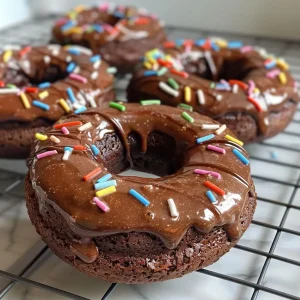 ['Close-up of moist brownie batter protein donuts drizzled with chocolate syrup.', 'Side view of decadent protein donuts topped with sprinkles and chocolate syrup.', 'Brownie batter protein donuts with a rich chocolate glaze on a white plate.', 'Delicious looking protein donuts featuring a glossy chocolate topping and colorful sprinkles.']