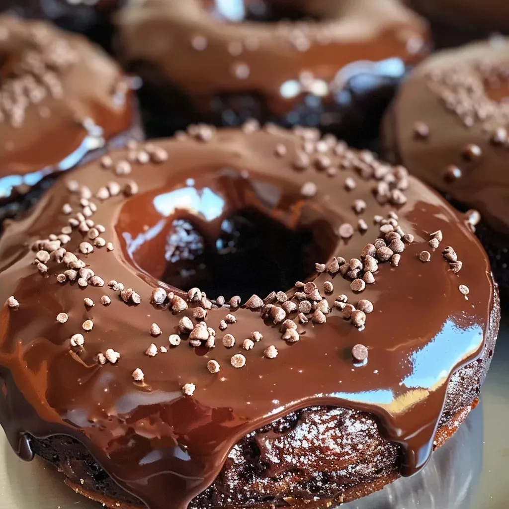 ['Close-up of moist brownie batter protein donuts drizzled with chocolate syrup.', 'Side view of decadent protein donuts topped with sprinkles and chocolate syrup.', 'Brownie batter protein donuts with a rich chocolate glaze on a white plate.', 'Delicious looking protein donuts featuring a glossy chocolate topping and colorful sprinkles.']