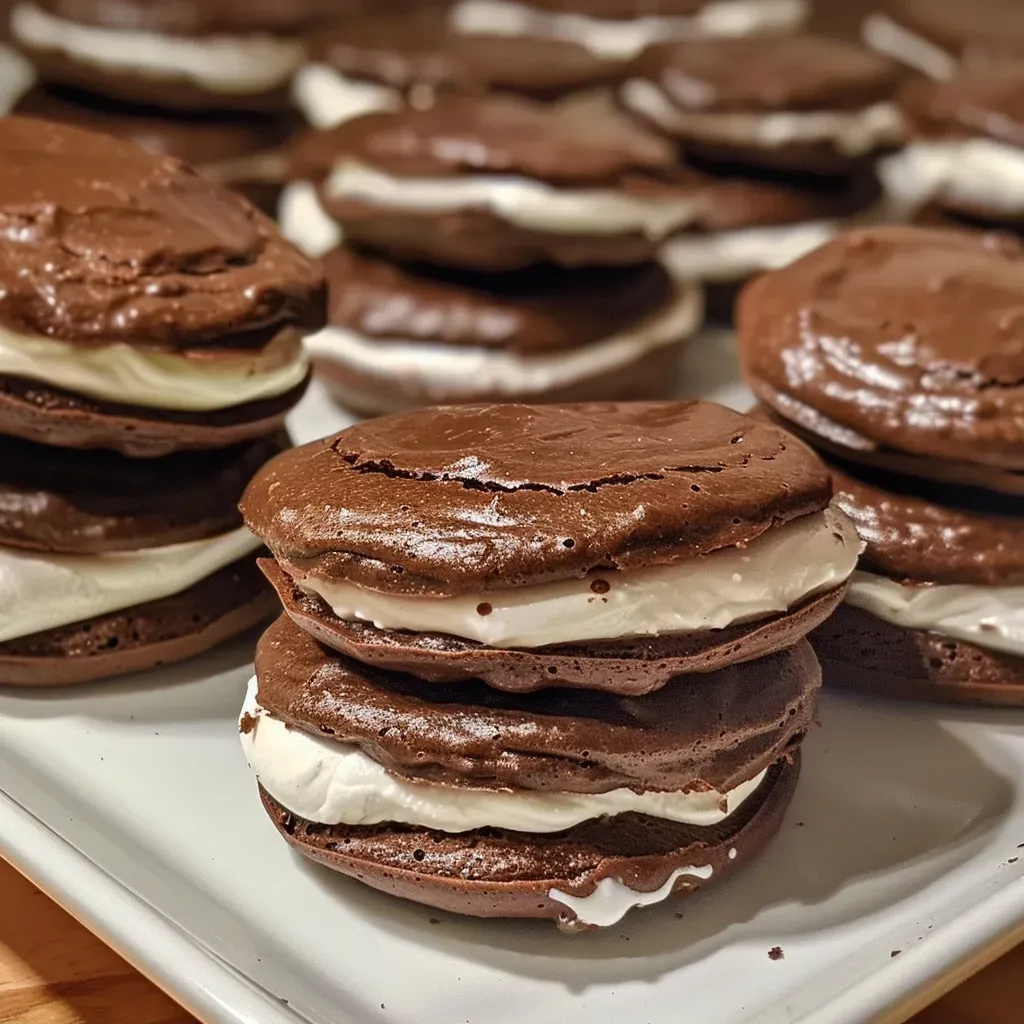 ['Close-up side view of a Brownie Whoopie Pie, showing its rich chocolate filling.', 'A side profile of a delicious Brownie Whoopie Pie with a smooth marshmallow cream center.', 'Detailed close-up of Brownie Whoopie Pies stacked, highlighting their chewy texture and creamy filling.', 'Side view of two Brownie Whoopie Pies, revealing the chocolatey exterior and fluffy interior.']