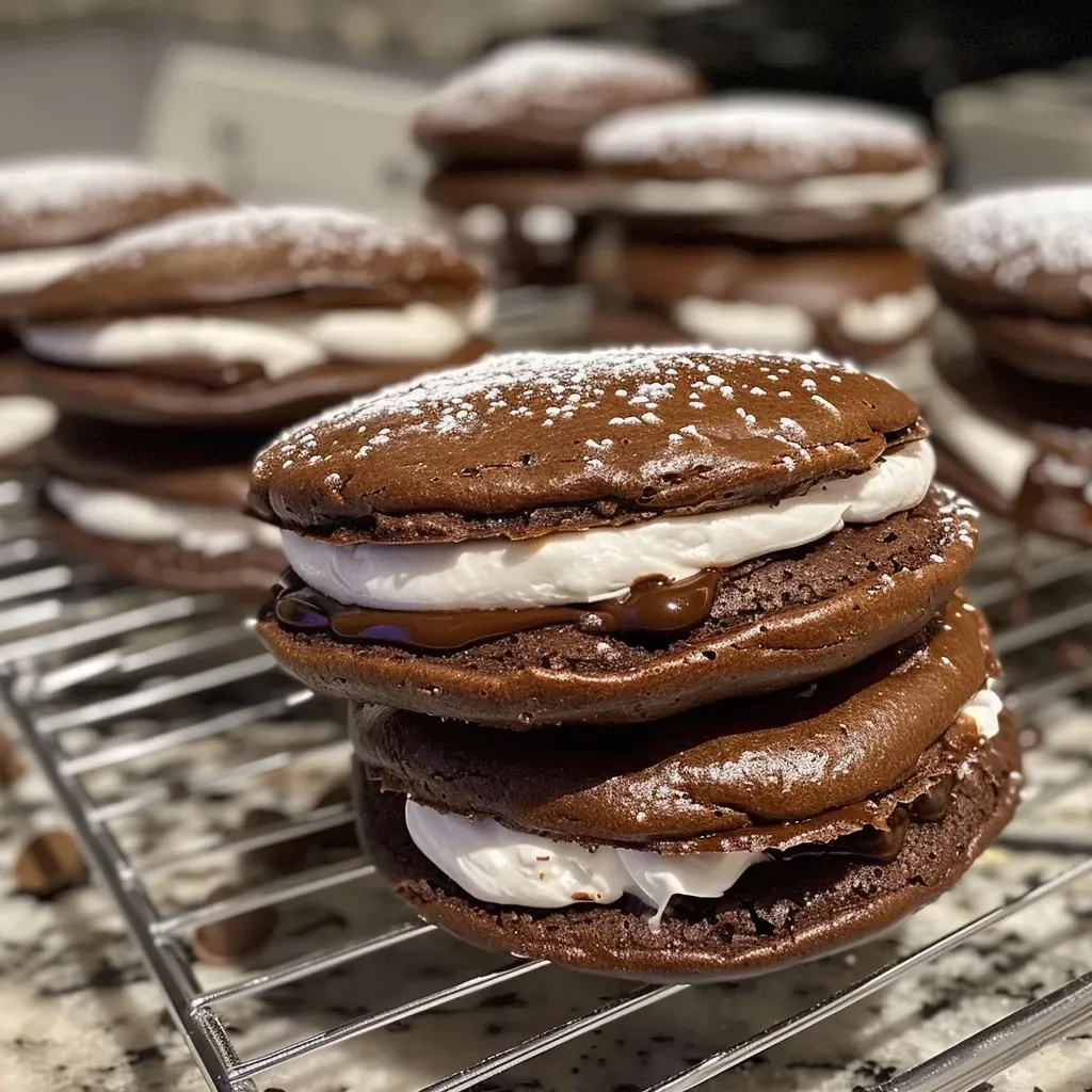 ['Close-up side view of a Brownie Whoopie Pie, showing its rich chocolate filling.', 'A side profile of a delicious Brownie Whoopie Pie with a smooth marshmallow cream center.', 'Detailed close-up of Brownie Whoopie Pies stacked, highlighting their chewy texture and creamy filling.', 'Side view of two Brownie Whoopie Pies, revealing the chocolatey exterior and fluffy interior.']