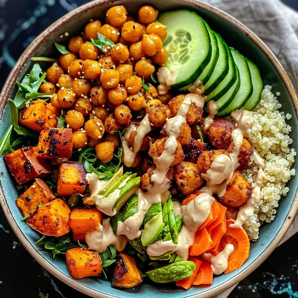 ['Close-up of a colorful Buddha Bowl featuring quinoa, roasted sweet potatoes, crispy chickpeas, and fresh veggies topped with garlic tahini dressing.', 'Side view of a Buddha Bowl filled with quinoa, vibrant roasted sweet potatoes, crunchy chickpeas, and assorted fresh vegetables drizzled with garlic tahini dressing.', 'Detailed shot of a Buddha Bowl showcasing quinoa, sweet potatoes, chickpeas, and fresh veggies, all enhanced with a creamy garlic tahini dressing.', 'Close-up of a nourishing Buddha Bowl, highlighting grains, roasted vegetables, chickpeas, and a flavorful garlic tahini dressing.']