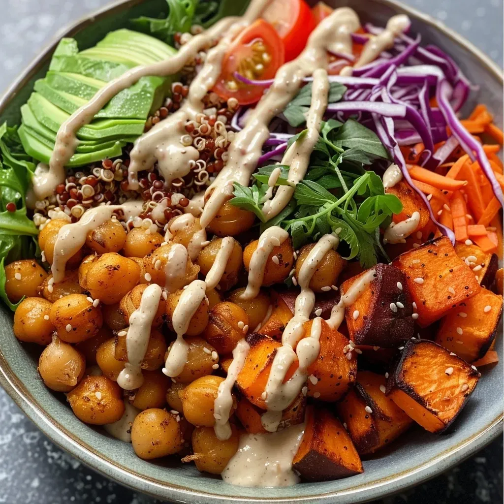 ['Close-up of a colorful Buddha Bowl featuring quinoa, roasted sweet potatoes, crispy chickpeas, and fresh veggies topped with garlic tahini dressing.', 'Side view of a Buddha Bowl filled with quinoa, vibrant roasted sweet potatoes, crunchy chickpeas, and assorted fresh vegetables drizzled with garlic tahini dressing.', 'Detailed shot of a Buddha Bowl showcasing quinoa, sweet potatoes, chickpeas, and fresh veggies, all enhanced with a creamy garlic tahini dressing.', 'Close-up of a nourishing Buddha Bowl, highlighting grains, roasted vegetables, chickpeas, and a flavorful garlic tahini dressing.']