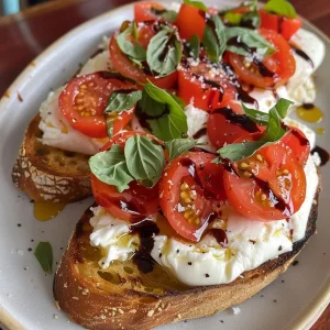 ['Close-up of creamy burrata on toasted bread topped with cherry tomatoes and basil.', 'Side view of a bruschetta slice showcasing burrata cheese and fresh toppings.', 'Detailed image of a bruschetta with burrata, cherry tomatoes, and basil on a rustic wooden table.', 'Juicy burrata bruschetta with vibrant cherry tomatoes, served on crusty bread.']