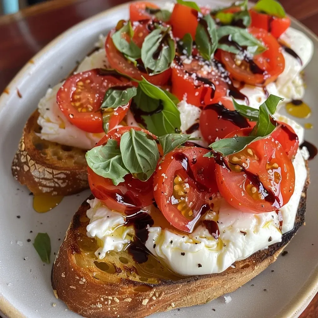 ['Close-up of creamy burrata on toasted bread topped with cherry tomatoes and basil.', 'Side view of a bruschetta slice showcasing burrata cheese and fresh toppings.', 'Detailed image of a bruschetta with burrata, cherry tomatoes, and basil on a rustic wooden table.', 'Juicy burrata bruschetta with vibrant cherry tomatoes, served on crusty bread.']
