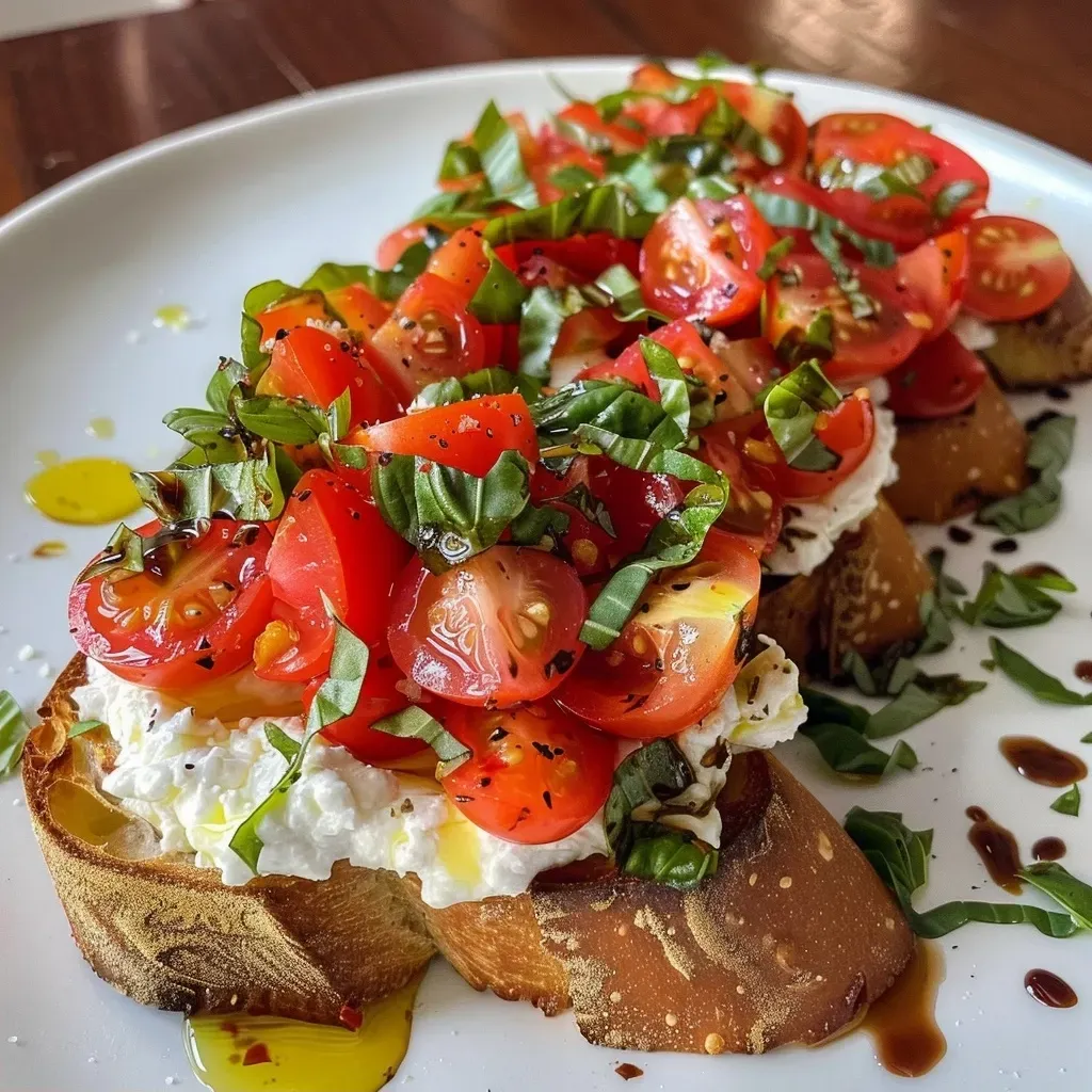 ['Close-up of creamy burrata on toasted bread topped with cherry tomatoes and basil.', 'Side view of a bruschetta slice showcasing burrata cheese and fresh toppings.', 'Detailed image of a bruschetta with burrata, cherry tomatoes, and basil on a rustic wooden table.', 'Juicy burrata bruschetta with vibrant cherry tomatoes, served on crusty bread.']