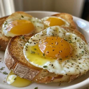 ['Close-up view of butter basted eggs on crusty bread, topped with sprouts.', 'Side view of three perfectly cooked eggs in melted butter on a plate.', 'Juicy butter basted eggs with seasoning, presented on a wooden cutting board.', 'Delicious golden eggs surrounded by slices of crusty bread and greens.']