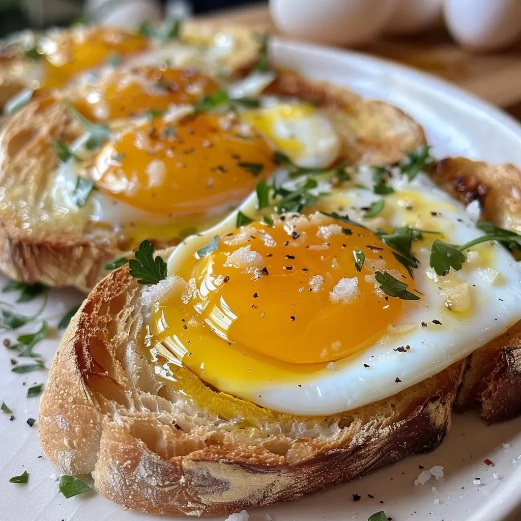 ['Close-up view of butter basted eggs on crusty bread, topped with sprouts.', 'Side view of three perfectly cooked eggs in melted butter on a plate.', 'Juicy butter basted eggs with seasoning, presented on a wooden cutting board.', 'Delicious golden eggs surrounded by slices of crusty bread and greens.']