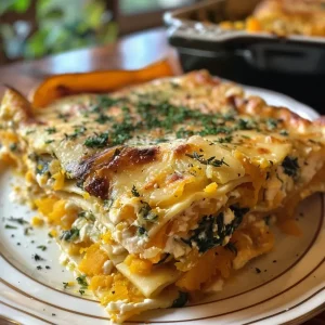 ['Close-up of a juicy slice of butternut squash lasagna with layers of cheese and spinach.', 'Side view of a serving of butternut squash lasagna, showcasing its creamy texture and vibrant colors.', 'Delicious butternut squash lasagna slice on a plate, highlighting the rich ingredients and layers.', 'Detailed view of baked butternut squash lasagna with golden-brown edges and melted cheese.']