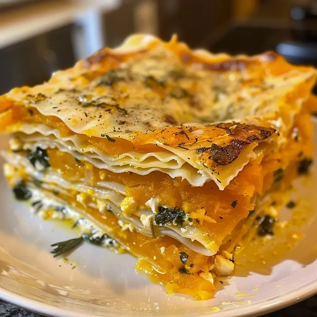 ['Close-up of a juicy slice of butternut squash lasagna with layers of cheese and spinach.', 'Side view of a serving of butternut squash lasagna, showcasing its creamy texture and vibrant colors.', 'Delicious butternut squash lasagna slice on a plate, highlighting the rich ingredients and layers.', 'Detailed view of baked butternut squash lasagna with golden-brown edges and melted cheese.']