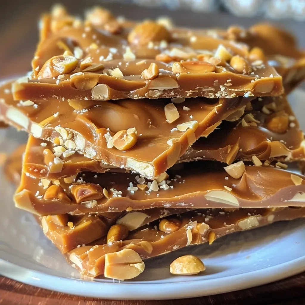 ['Close-up view of delicious homemade Butterscotch Bark garnished with chopped cashews.', 'Side view of a piece of Butterscotch Bark showcasing its rich, smooth texture.', 'A delectable slice of Butterscotch Bark with visible butterscotch chips and shiny surface.', 'Homemade Butterscotch Bark with cashews, featuring a glossy appearance and inviting colors.']