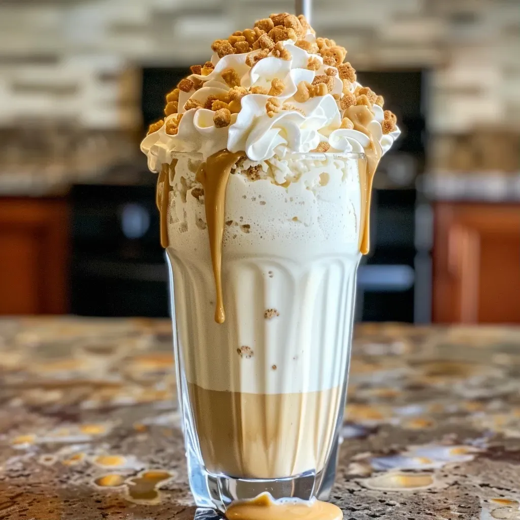 ['Close-up view of a luscious butterscotch milkshake topped with whipped cream and butterscotch chips.', 'Side angle shot of a creamy butterscotch milkshake with a drizzle of butterscotch sauce and whipped cream.', 'Refreshing butterscotch milkshake in a glass, embellished with whipped cream and sprinkled butterscotch chips.', 'Delicious butterscotch milkshake featuring a rich texture, whipped cream, and a glossy drizzle of sauce.']