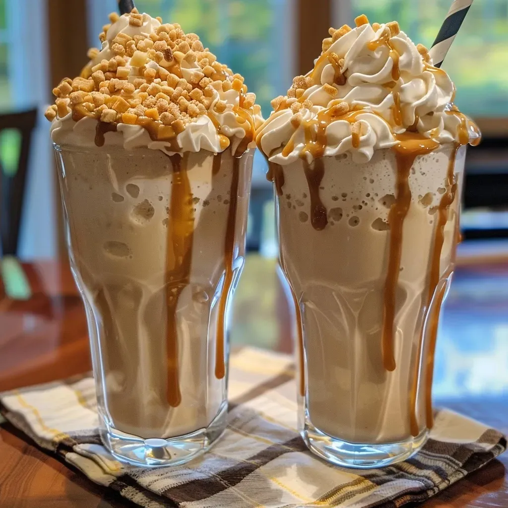 ['Close-up view of a luscious butterscotch milkshake topped with whipped cream and butterscotch chips.', 'Side angle shot of a creamy butterscotch milkshake with a drizzle of butterscotch sauce and whipped cream.', 'Refreshing butterscotch milkshake in a glass, embellished with whipped cream and sprinkled butterscotch chips.', 'Delicious butterscotch milkshake featuring a rich texture, whipped cream, and a glossy drizzle of sauce.']