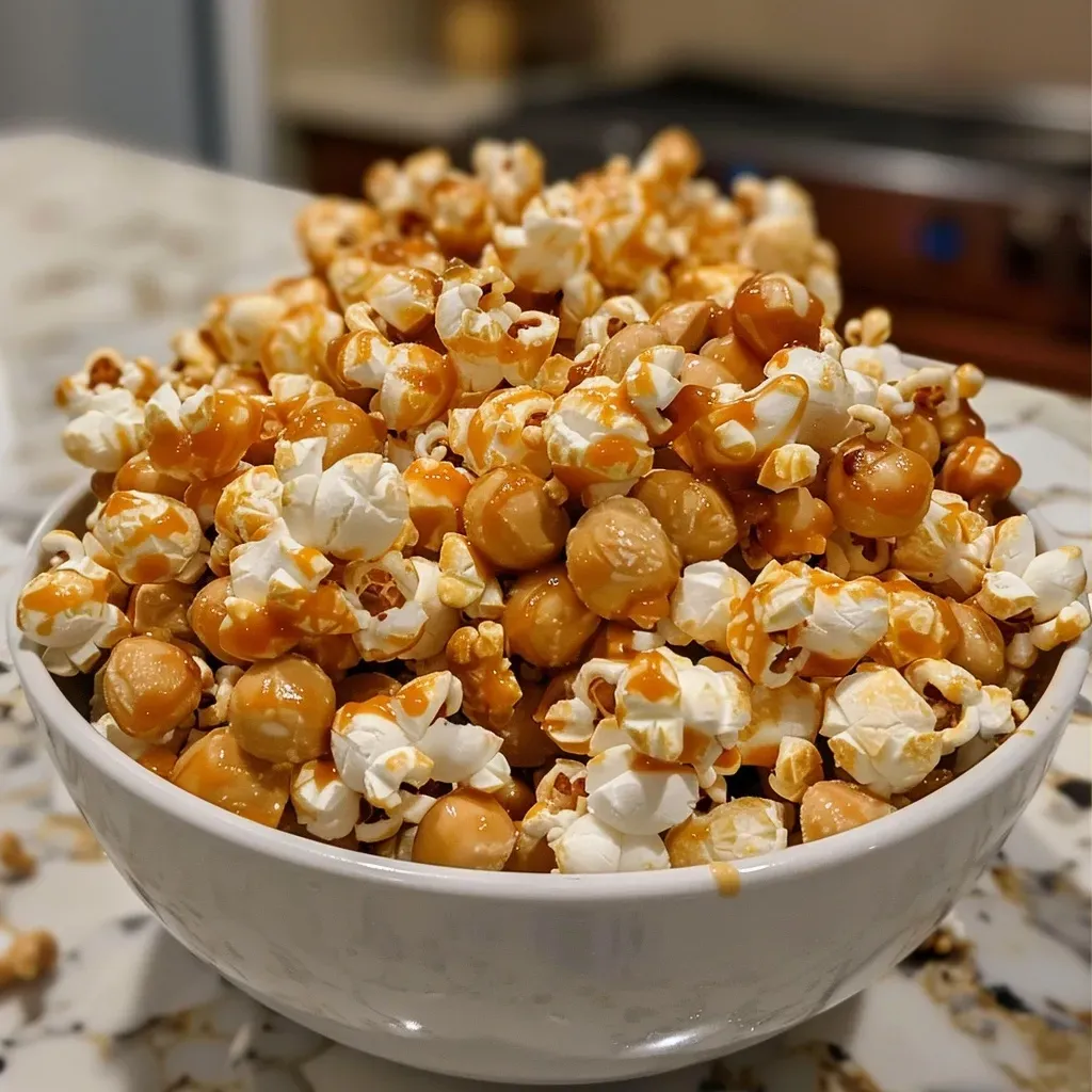 ['A close-up of golden butterscotch popcorn with a sprinkle of mixed nuts.', 'Side view of fluffy butterscotch popcorn drizzled with white chocolate.', 'Tasty butterscotch popcorn in a bowl with a shiny, caramel-like finish.', 'Delicious butterscotch popcorn glistening under bright lighting, with nuts visible.']