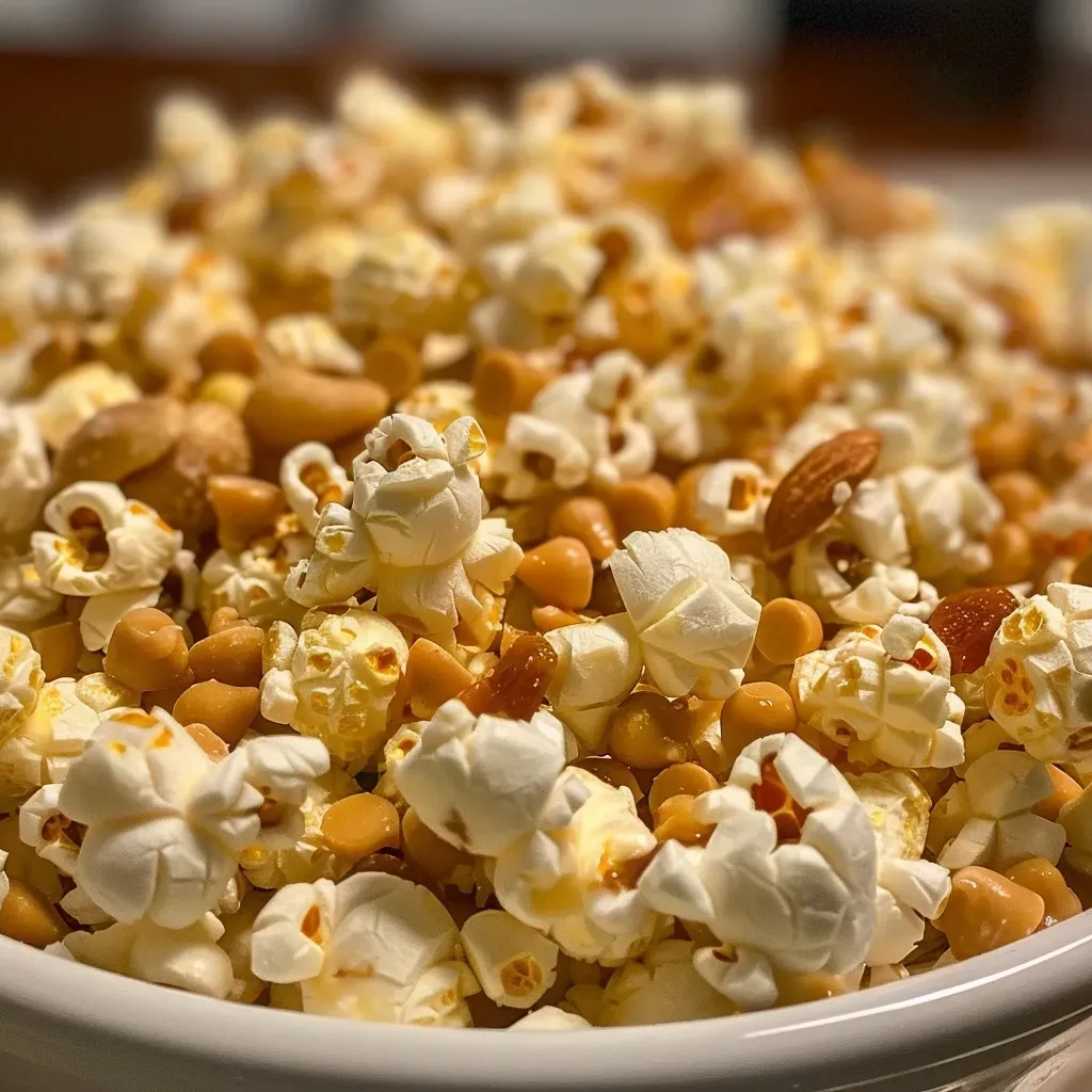 ['A close-up of golden butterscotch popcorn with a sprinkle of mixed nuts.', 'Side view of fluffy butterscotch popcorn drizzled with white chocolate.', 'Tasty butterscotch popcorn in a bowl with a shiny, caramel-like finish.', 'Delicious butterscotch popcorn glistening under bright lighting, with nuts visible.']