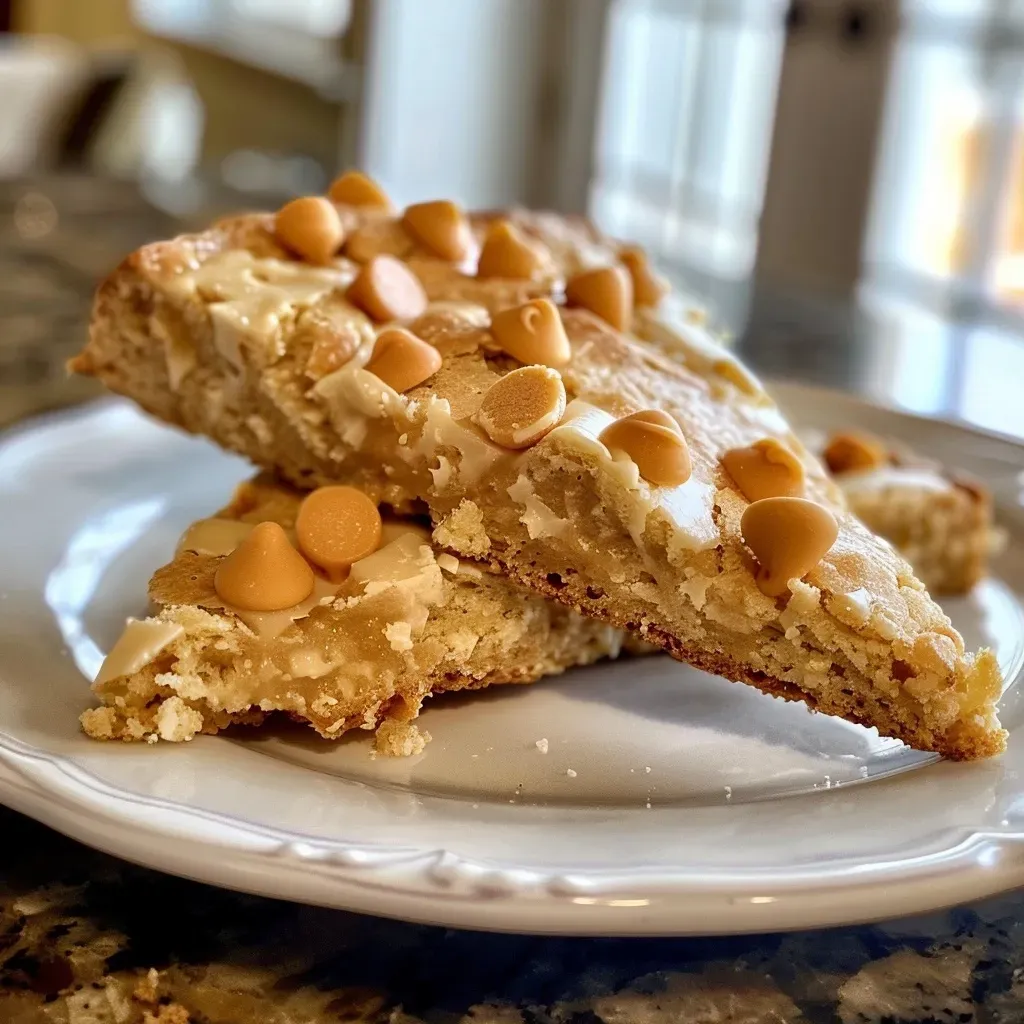 ['Close-up view of golden Butterscotch Scones displayed on a plate.', 'Side view of freshly baked Butterscotch Scones with melted chips visible.', 'Juicy, flaky Butterscotch Scones on a wooden surface, highlighting their texture.', 'Delicious Butterscotch Scones arranged on a light background, showing a soft interior.']