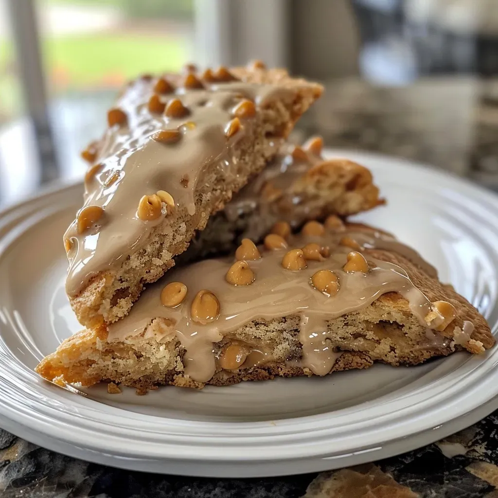 ['Close-up view of golden Butterscotch Scones displayed on a plate.', 'Side view of freshly baked Butterscotch Scones with melted chips visible.', 'Juicy, flaky Butterscotch Scones on a wooden surface, highlighting their texture.', 'Delicious Butterscotch Scones arranged on a light background, showing a soft interior.']