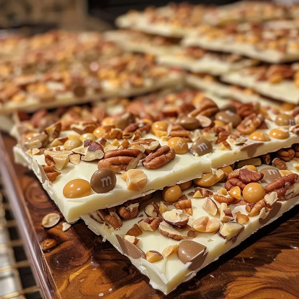 ['Close-up of golden butterscotch swirl bark with a shiny surface and sprinkled toppings.', 'Side view of a colorful butterscotch bark featuring melted chocolate and candy pieces.', 'Detailed shot of crumbled butterscotch bark showcasing layers of white chocolate and nuts.', "Textured view of homemade butterscotch swirl bark adorned with M&M's and pecans."]