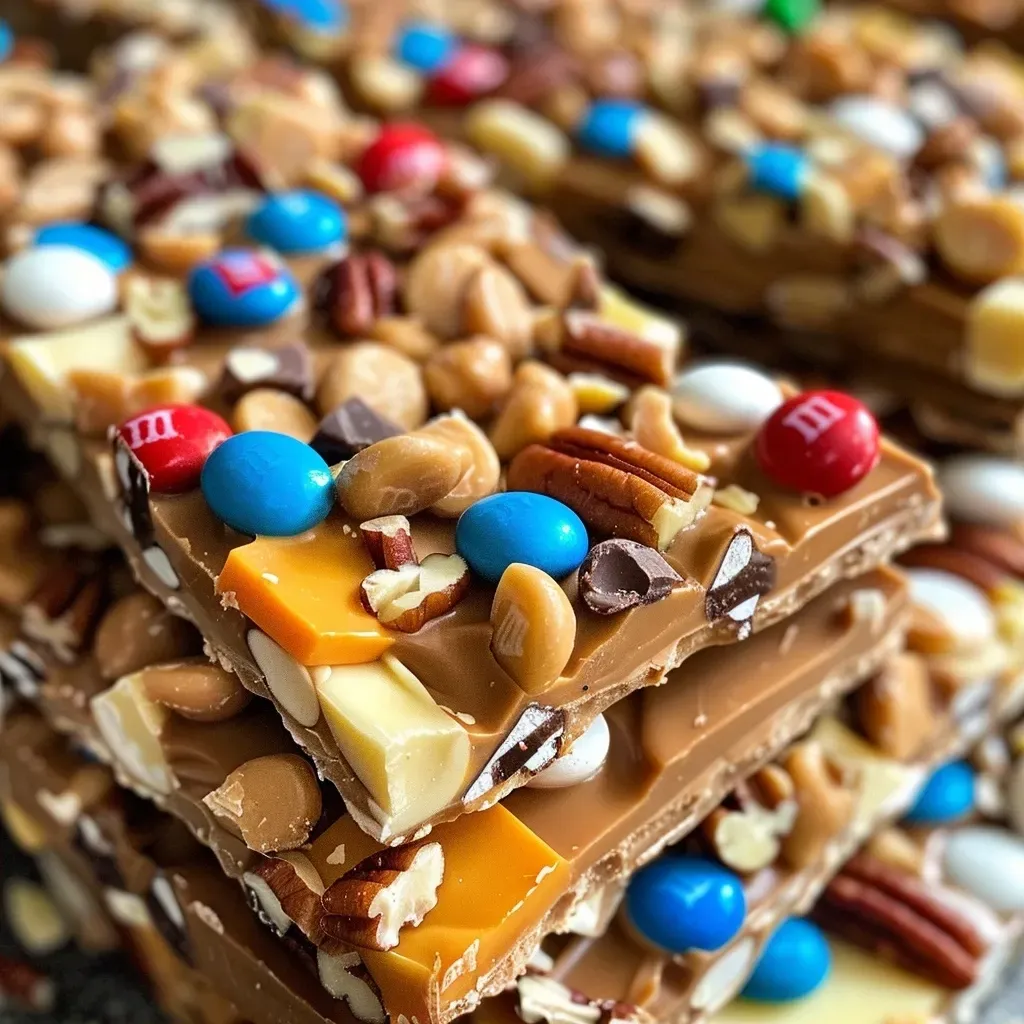 ['Close-up of golden butterscotch swirl bark with a shiny surface and sprinkled toppings.', 'Side view of a colorful butterscotch bark featuring melted chocolate and candy pieces.', 'Detailed shot of crumbled butterscotch bark showcasing layers of white chocolate and nuts.', 
