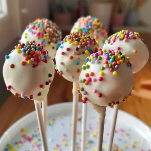 ['Juicy and colorful cake pops displayed on a wooden table.', 'Close-up view of homemade cake pops with vibrant sprinkles.', 'Delicious cake pops arranged in a festive manner, showcasing their textures.', 'Irresistible cake pops on a light background, featuring varied decorations.']