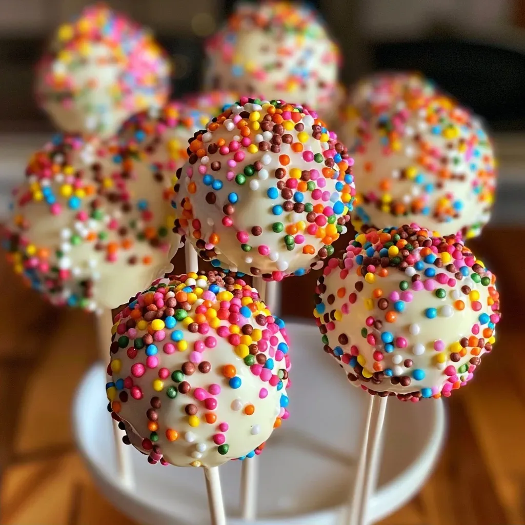 ['Juicy and colorful cake pops displayed on a wooden table.', 'Close-up view of homemade cake pops with vibrant sprinkles.', 'Delicious cake pops arranged in a festive manner, showcasing their textures.', 'Irresistible cake pops on a light background, featuring varied decorations.']