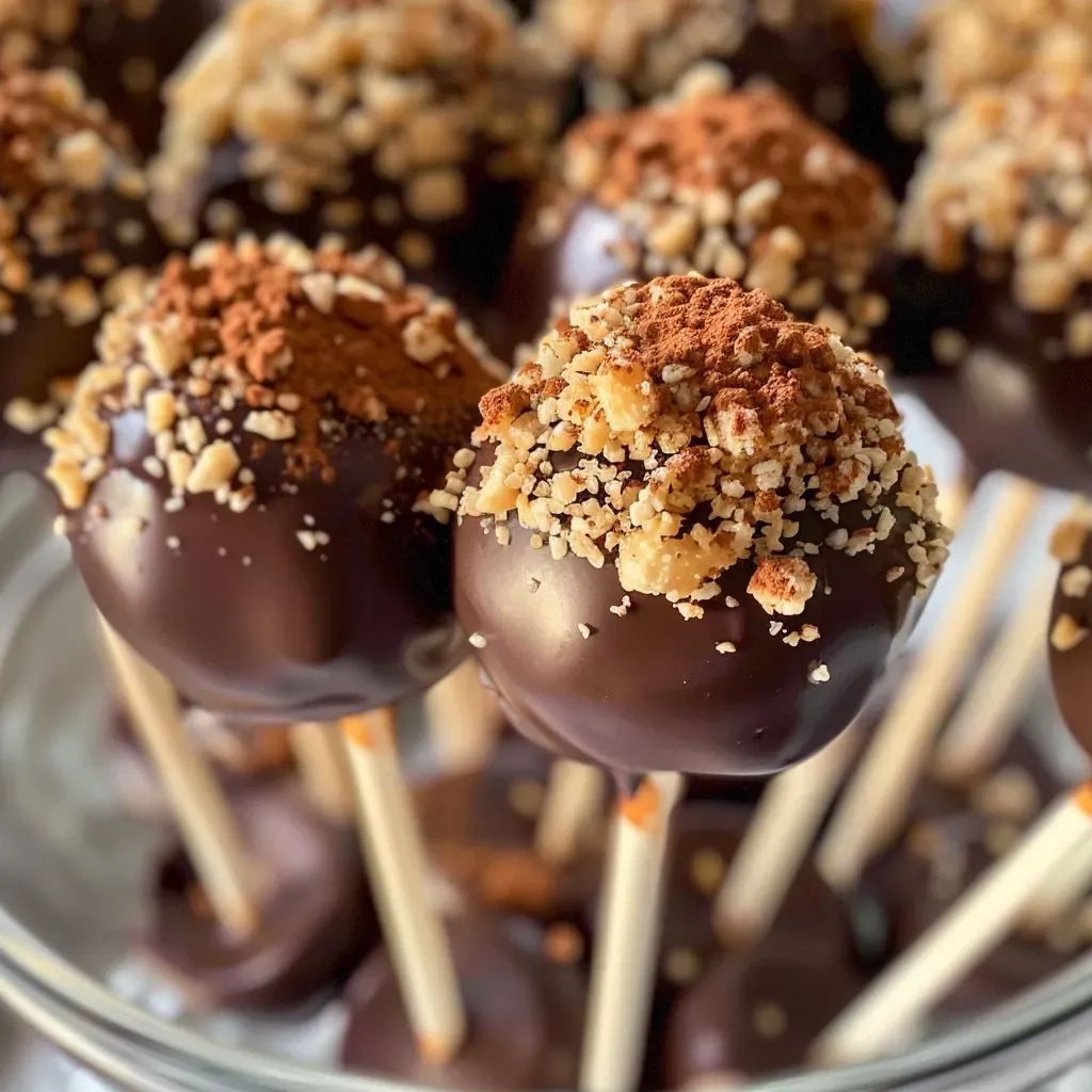 ['Close-up view of a delicious Cake Pop Pralinoise with a smooth chocolate coating.', 'Side view of multiple Cake Pops Pralinoise on a plate, showcasing their shiny exterior.', 'Focused shot of a Cake Pop Pralinoise, highlighting its rich chocolate and pralin coating.', 'Juicy Cake Pops Pralinoise displayed elegantly, emphasizing their delectable finish.']