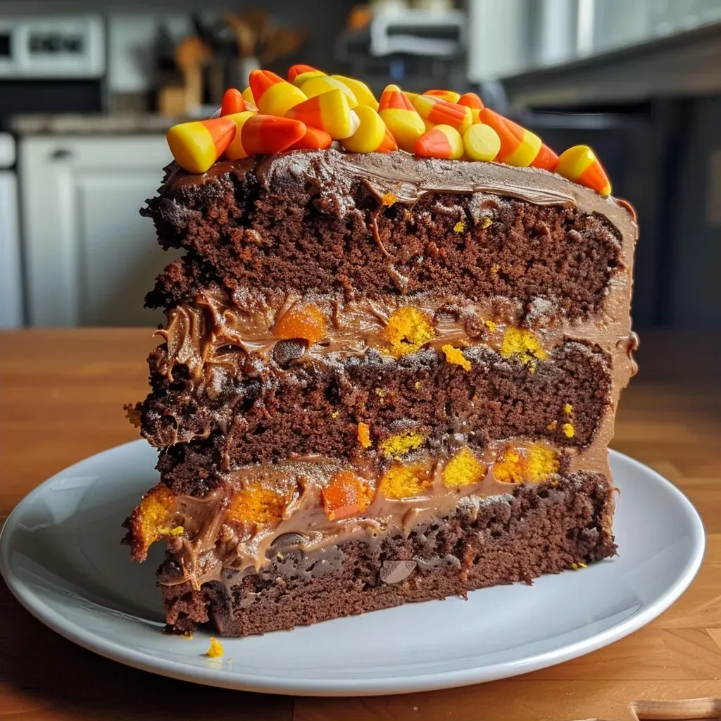 ['A close-up side view of a Candy Corn Cake, showcasing layers and vibrant colors.', 'A detailed shot of a Candy Corn Cake with orange and yellow frosting and chocolate chips.', 'Side perspective of a Candy Corn Cake, highlighting its creamy frosting and festive decorations.', 'Close-up view of Candy Corn Cake featuring bright colors and a rich frosting texture.']