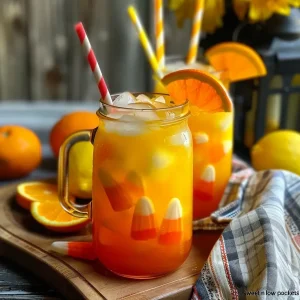 ['A glass of Candy Corn Lemonade showcasing vibrant yellow color with crushed ice and floating orange pieces.', 'Close-up of a refreshing Candy Corn Lemonade in a clear glass, featuring bright yellow lemonade and a garnish of clementine.', 'Side view of Candy Corn Lemonade in a glass, with ice cubes and a cheerful yellow hue, decorated with small orange pieces.', 'Detailed look at a glass of Candy Corn Lemonade, highlighting the yellow drink and crushed ice, with visible orange chunks.']